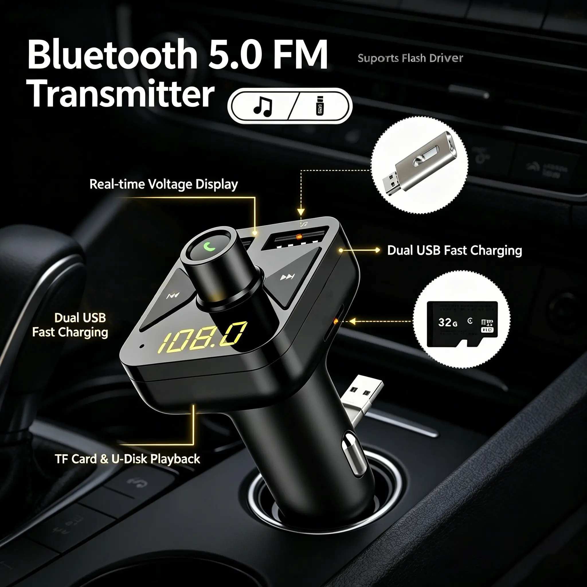 Wireless FM Transmitter, Bluetooth 5.0 Radio Adapter Car Kit with Dual USB Charging (3.1A+1A), CVC Noise Reduction Hands-Free Calling, MP3 Player Support TF Card & USB Disk, Battery Voltage Detection