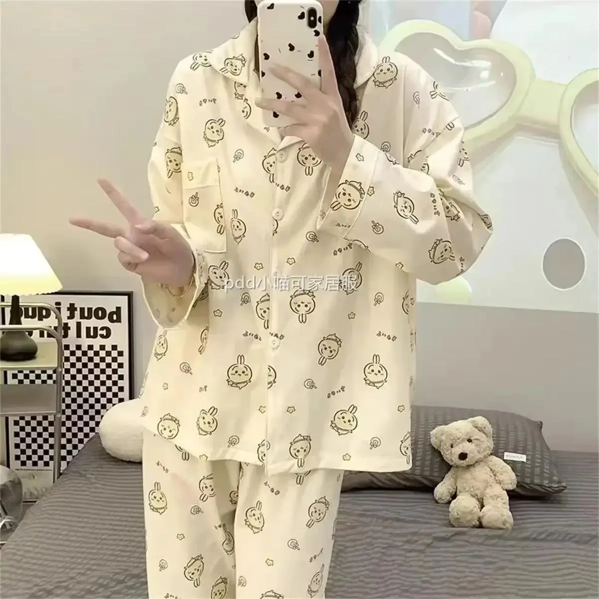 Chiikawa Cartoon Women's Pajamas Set Hachiware Usagi Pajamas Spring and Autumn Long-Sleeved Trousers Cute Student Home Wear Set