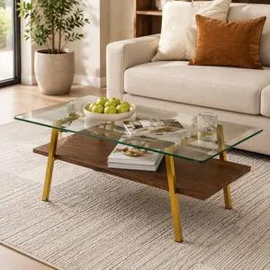 Modern Rectangular Glass Coffee Table, Tempered Glass Top with Gold Metal Legs, High Load-Bearing Sofa Table for Living Room, Easy Assembly, 38.58"L x 22.84"W x 16.73"H
