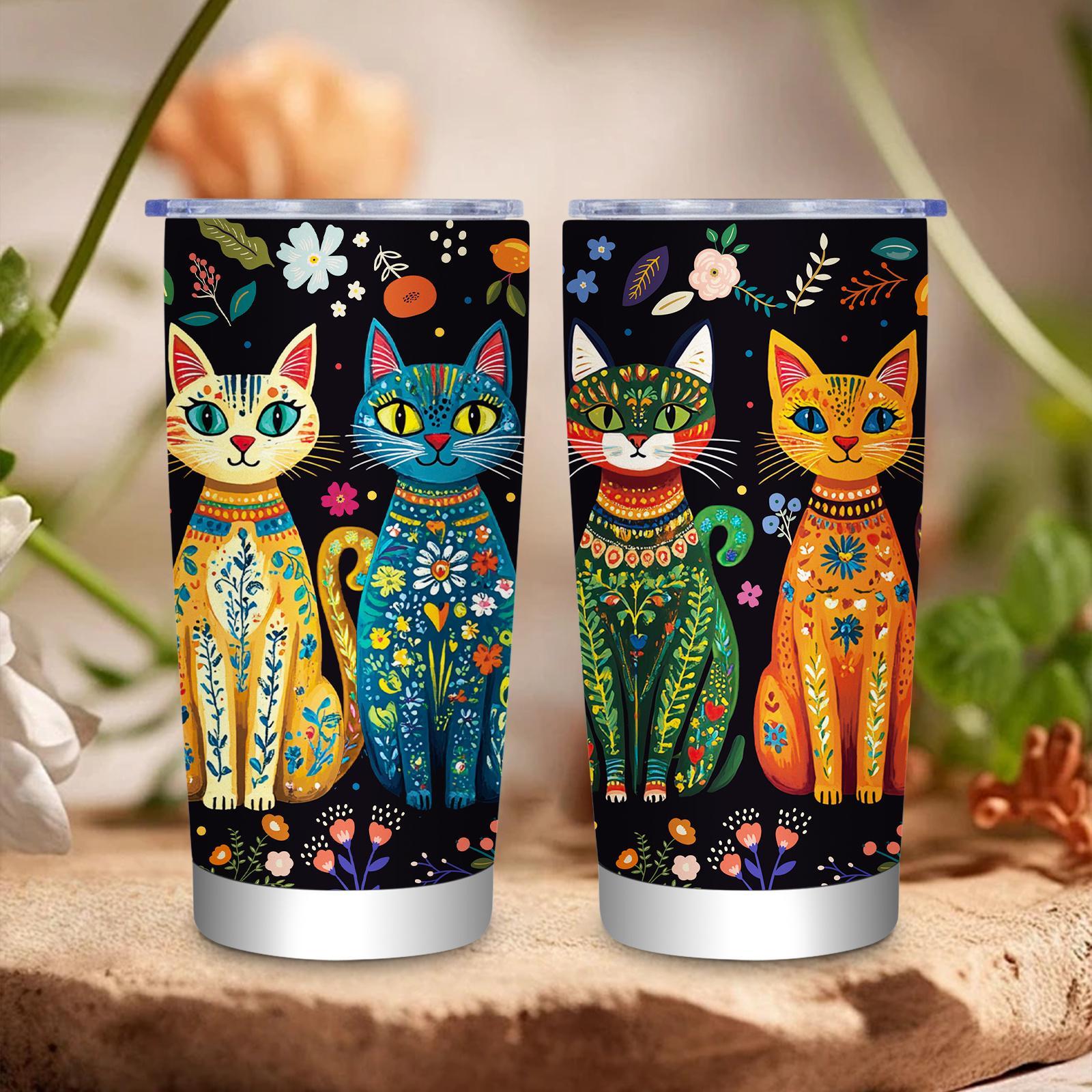 [Reusable Cat Lover Tumbler] 1pc Reusable Cat Lover Tumbler with Straw and Lid, Black and Colorblock Cat Design, Home and Outdoor Use, Holiday Gift for Men and Women. Christmas, Ideal Birthday Gift for Friends