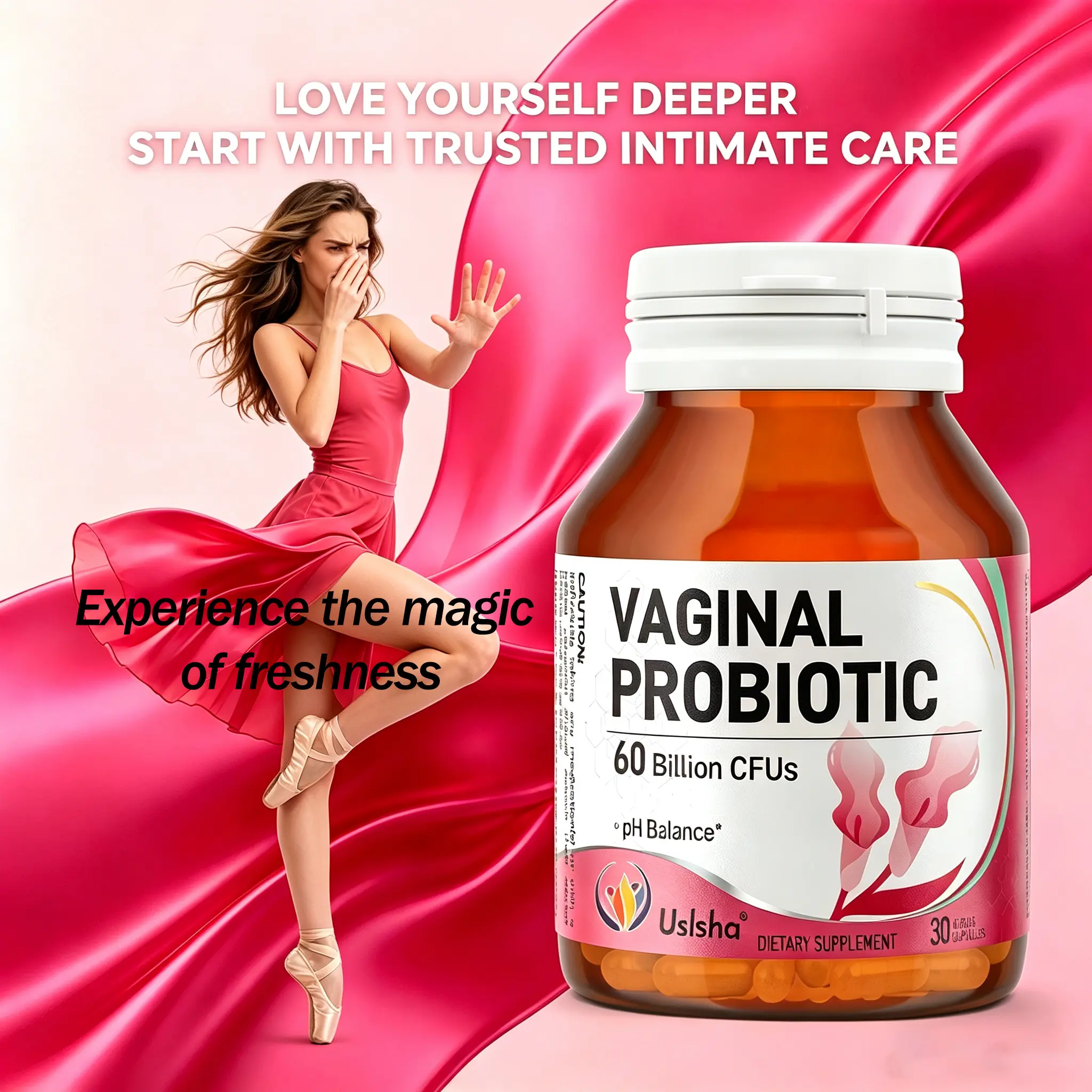 Uslsha Women's Feminine Wellness Probiotic Supplement - 60B CFU, 7 Probiotic Strains, Cranberry-Infused, 30 Capsules