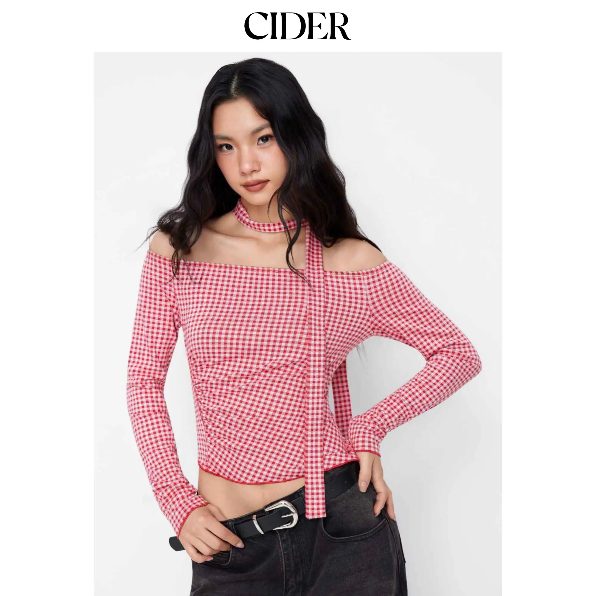Cider Gingham Off-shoulder Long Sleeve Ruched Asymmetrical Hem Top With Scarf SohoChic
