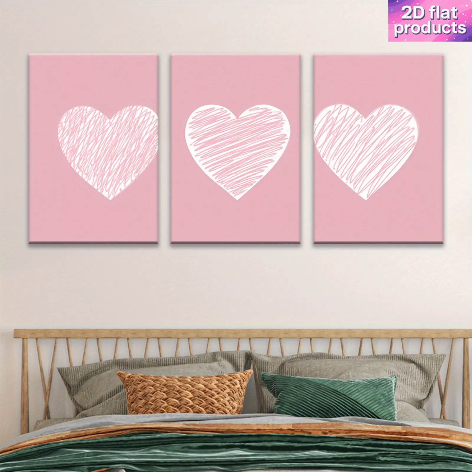 2D Flat Design, 3-Piece Pink Heart-Shaped Wall Art - Framed Canvas Poster with Pink Wooden Frame, Romantic Pink Heart Sketch Decoration, Suitable for Living Room, Bedroom, Office - Ready-to-Hang Valentine's Day Gift, Inspirational and Vintage/Modern Decor
