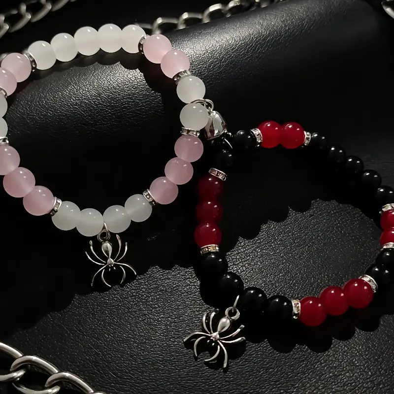 2pcs Gothic Punk Fashion Spider Heart Pendant with Beads Bracelet, Spider Bracelet, Suitable for Ladies, Valentine'S Day Gift, Halloween Party Gift, Holiday Gift, for Friends