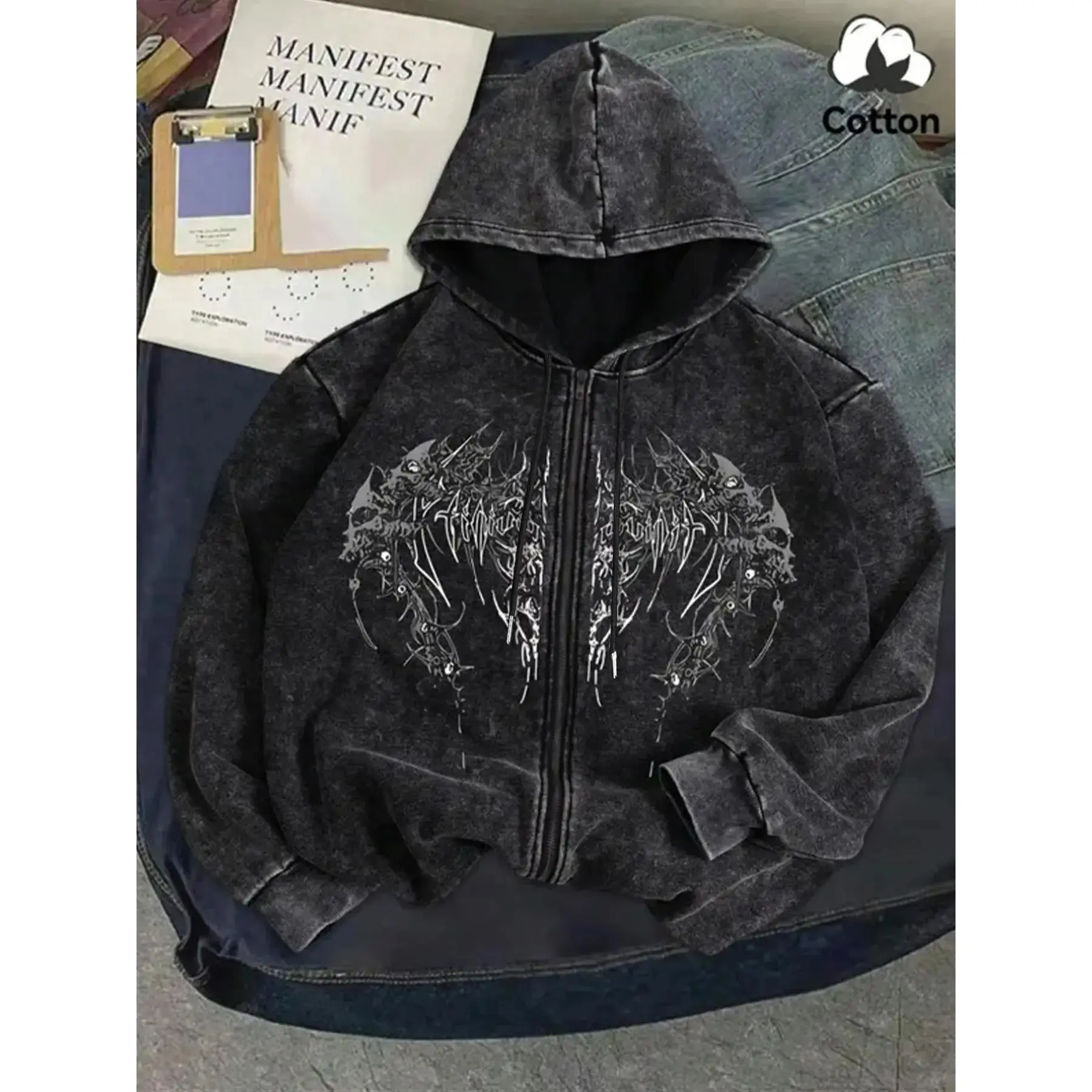 Oversized Cotton Distressed Zip-Up Long Sleeve Hoodie | Dark Thorn Graphic Print | Relaxed Baggy Fit | #MetalAesthetic Streetwear for Daily Casual, Night Hangouts & Urban Street Styling | Graphic Hoodies