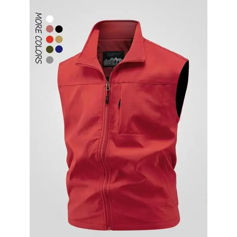 Men's Solid Color Vest Jacket, Stand Collar Multi-Pocket Sleeveless Coat, Windproof Waterproof Casual Sports Vest, Regular Fit Outdoor Fishing Vest, All-Season Men's Outerwear, Menswear