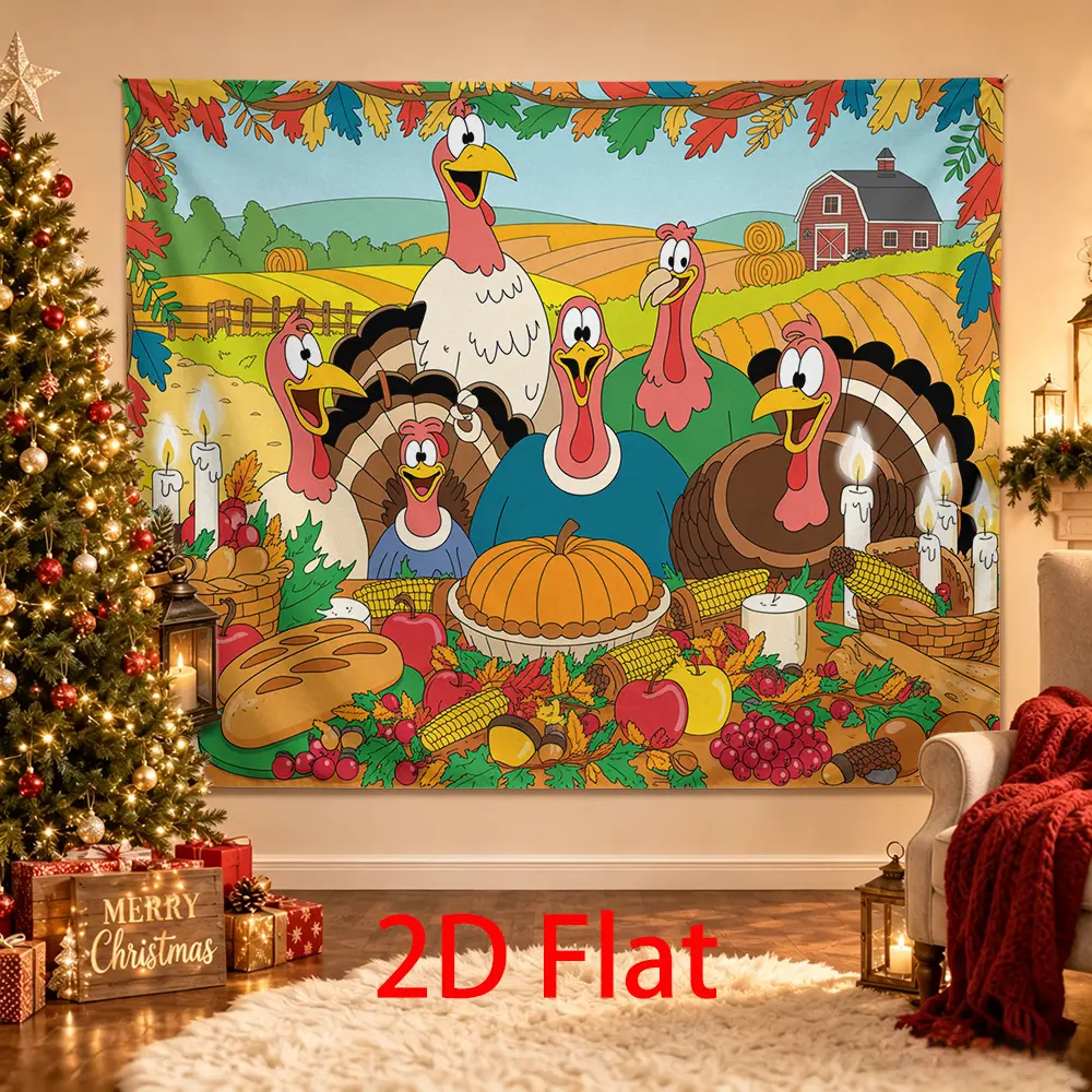 Cartoon Turkey Thanksgiving Backdrop with Farm, Pumpkin Pie and Harvest Feast