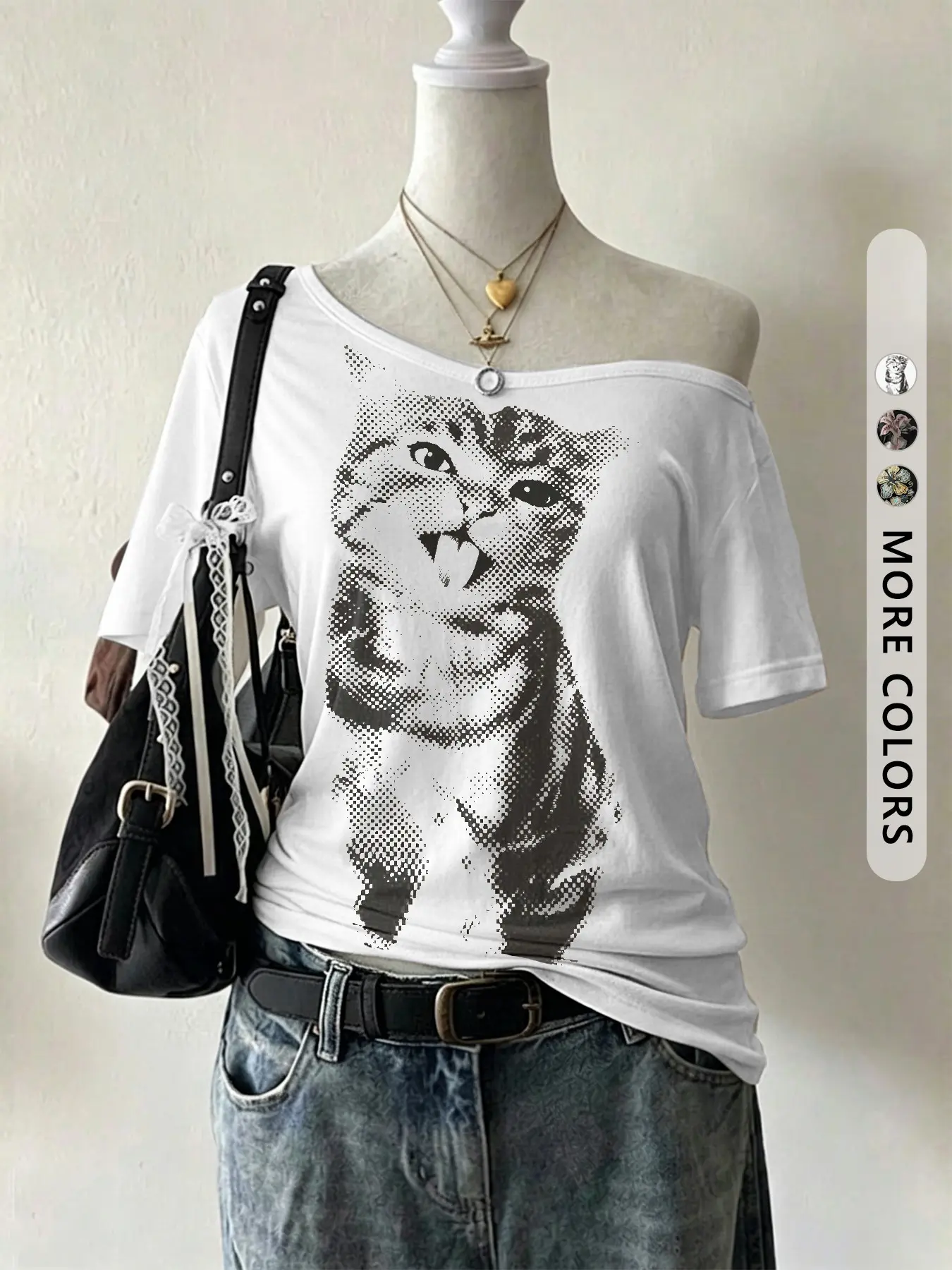 Vintage Street Cat Print Loose Fit T-Shirt for Women, Sexy Shoulderless Top, Summer & Fall Fashion, Casual & Party Wear, Streetwear