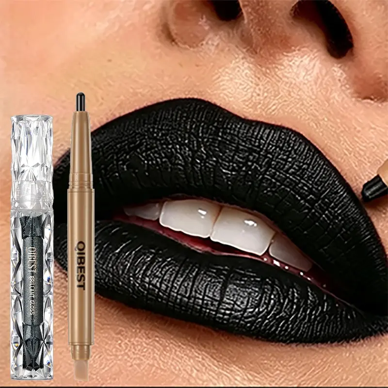 Halloween Black Glitter Lip Makeup Kit Lip Liner Lip Gloss Silky Application Matte Non Drying Layer Shimmer Long Lasting Lip Cosmetics