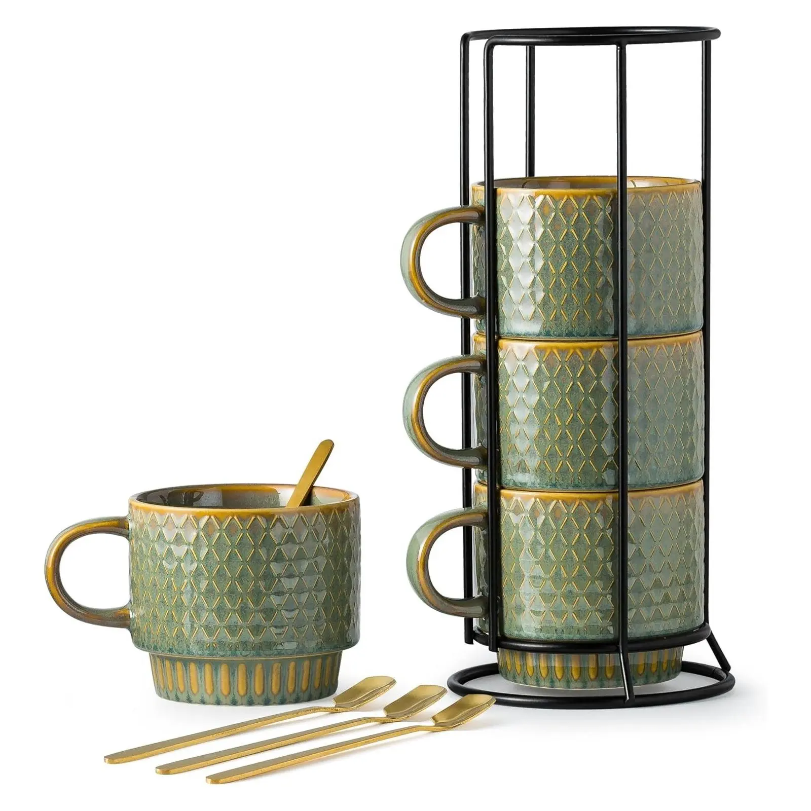 Coffee Mug Set of 4, Stackable 13 Oz Ceramic Mugs with Rack and Spoons - Cup Set with Stand for Home & Kitchen, Blue and GreenGift