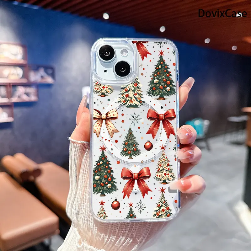 Phone Case: Festive Trees and Bows Holiday Cheer Christmas Style. Transparent Acrylic Magnetic HD Clear Shockproof Printed Phone Case for iPhone 17 E Air Pro ProMax iPhone16 15 14 Plus 13 12 11 X XS XR Series Full Models Great Gift