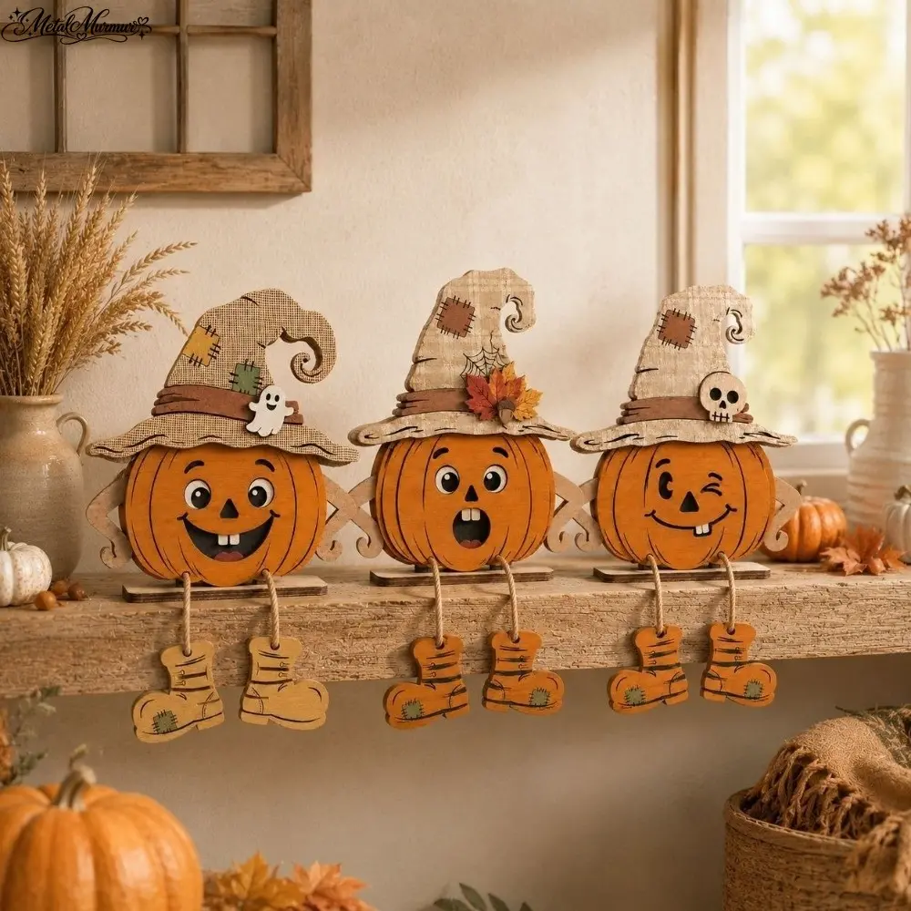 3Pcs 2D Flat Pumpkin-Shaped Wooden Ornaments Vintage Hand Painted Fall Pumpkin Table Ornament Stable Base Harvest Theme