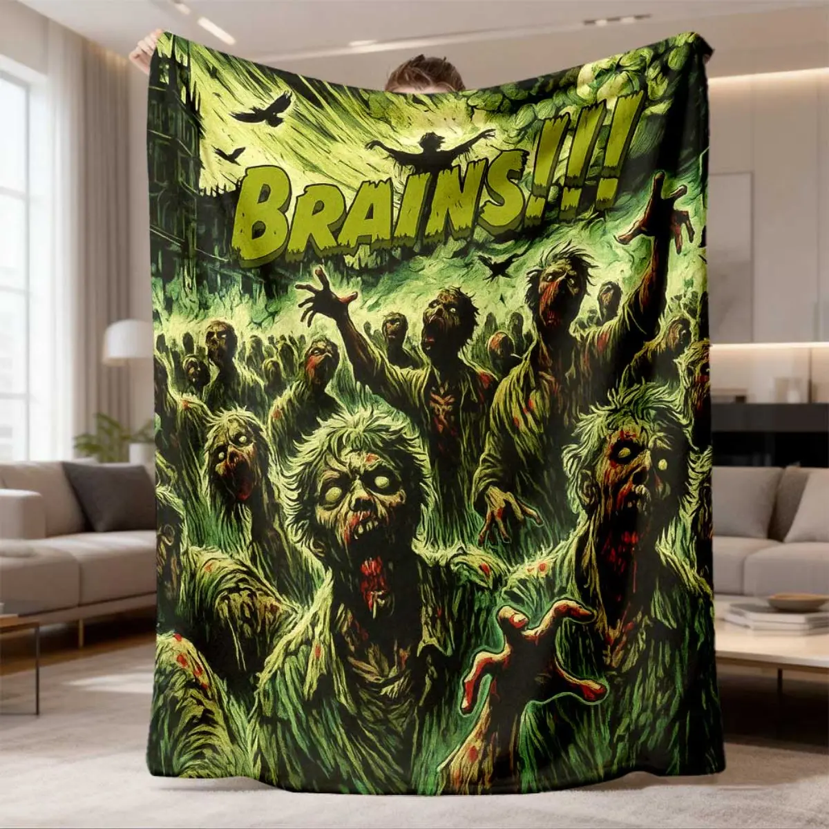 Retro Look Horror Zombies Comic Print Flannel Throw Blanket, Cotton Fabric, Wrinkle-Free, Green Tint, Undead City Theme, Warm Bedding Gift for Zombie Fans of All Ages