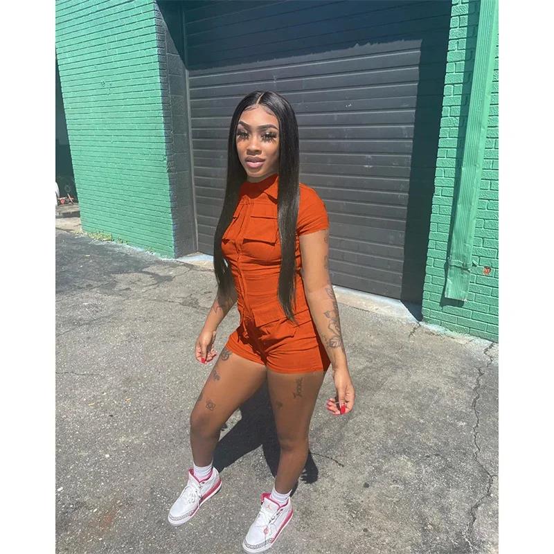 Streetwear Zipper Pockets Shorts Jumpsuit Women Clothing Short Sleeve Skinny Cargo Playsuit Summer Casual Pieces Romper