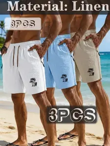 3-Pack Men's Linen Shorts, Breathable Linen Fabric, Elastic Waist, Palm Tree Print, Sporty Style, Loose-Fitting, Summer Beachwear