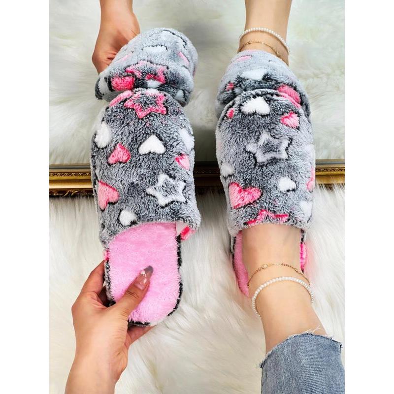 (New)2024 Cartoon Star & Heart Pattern Bedroom Slippers, Minimalist Comfortable Indoor Non-slip Slippers for Girl, Fluffy Warm Indoor Home Slippers for Back To School Dormitory Wear, Plush Footwear, Shoes for Women