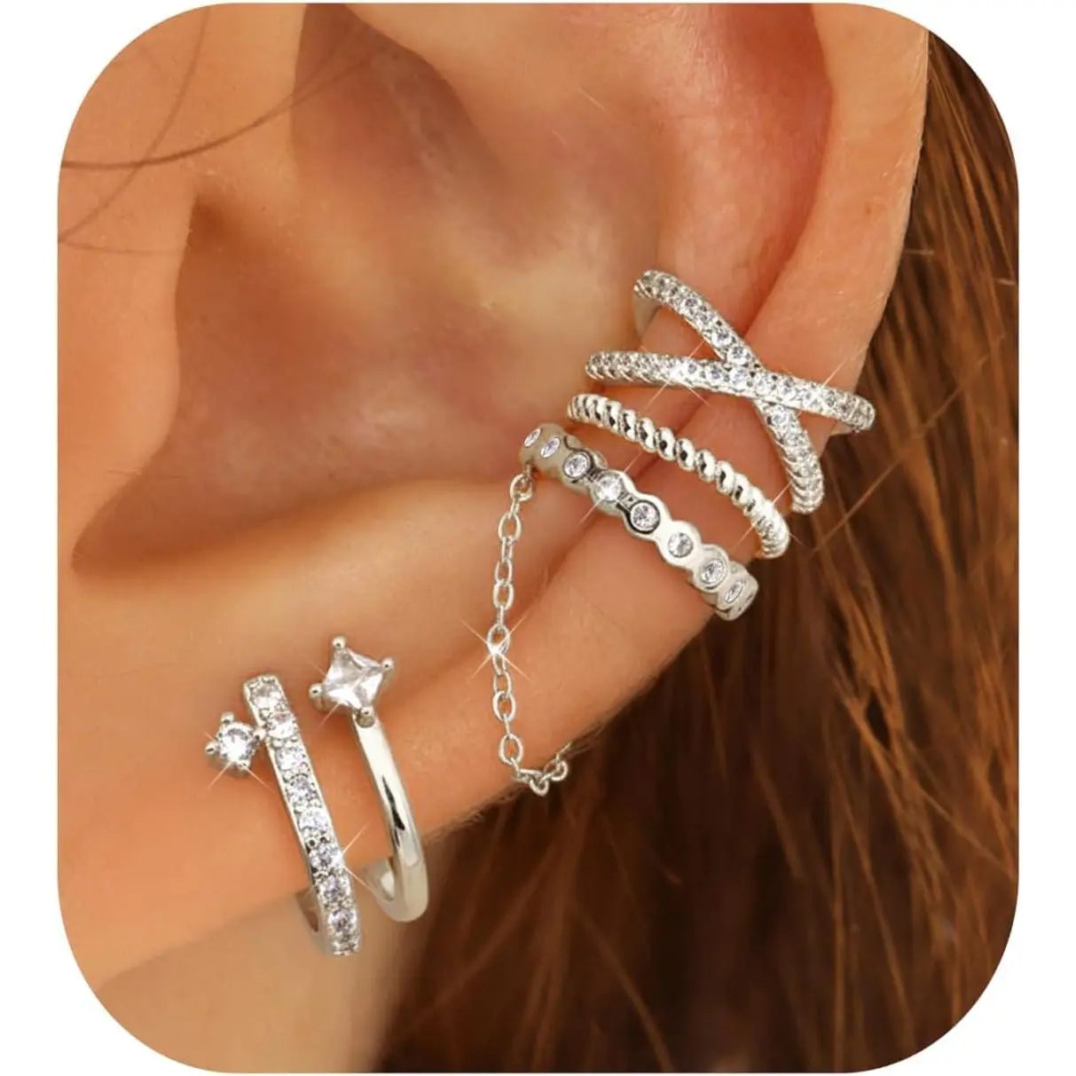 4 PCS Ear Cuffs Non Piercing Hypoallergenic 14K Gold Plated Ear Cuff Earrings for Women Trendy CZ Clip On Cartilage Earring Set Dainty Adjustable Fake Piercings Earrings