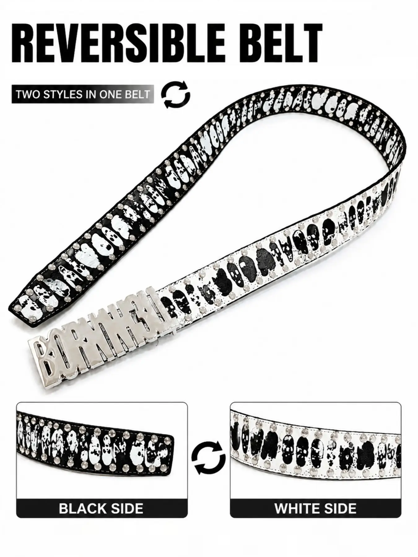 Double-Sided Punk Skull Belt, Skull Rivet Print, Metal Letter Buckle, Vintage Gothic Street Fashion, PU Leather