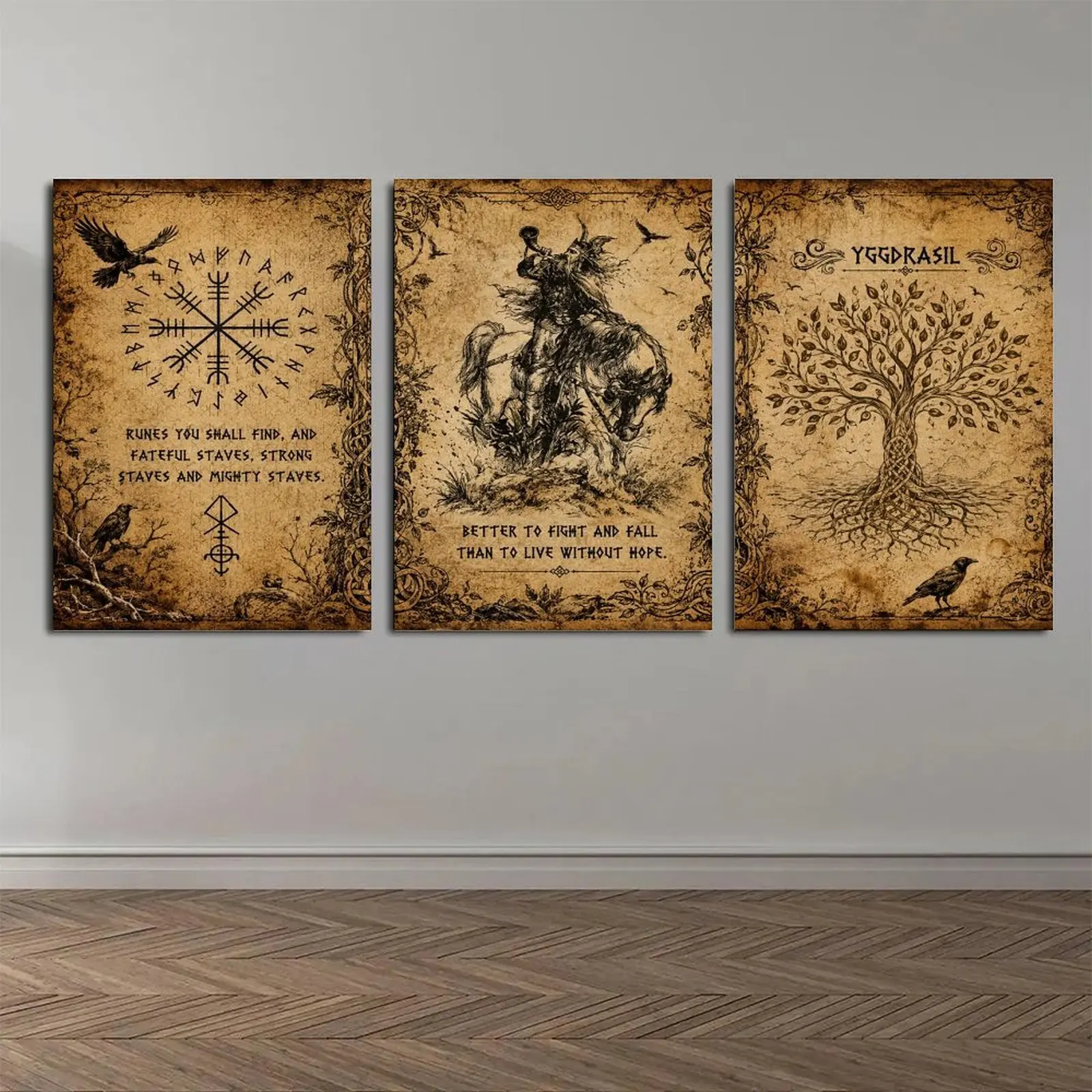2D Flat, 2D Flat, 2D Plane • a Set of 3 Viking Warrior Vintage Carvings • Retro Illustrations of Nordic Horsemen, Tree of Life Prints • Creative Posters with Nordic Symbols • Indoor Home Wall Decor Art, Canvas Print Paintings • Perfect Room Decoration