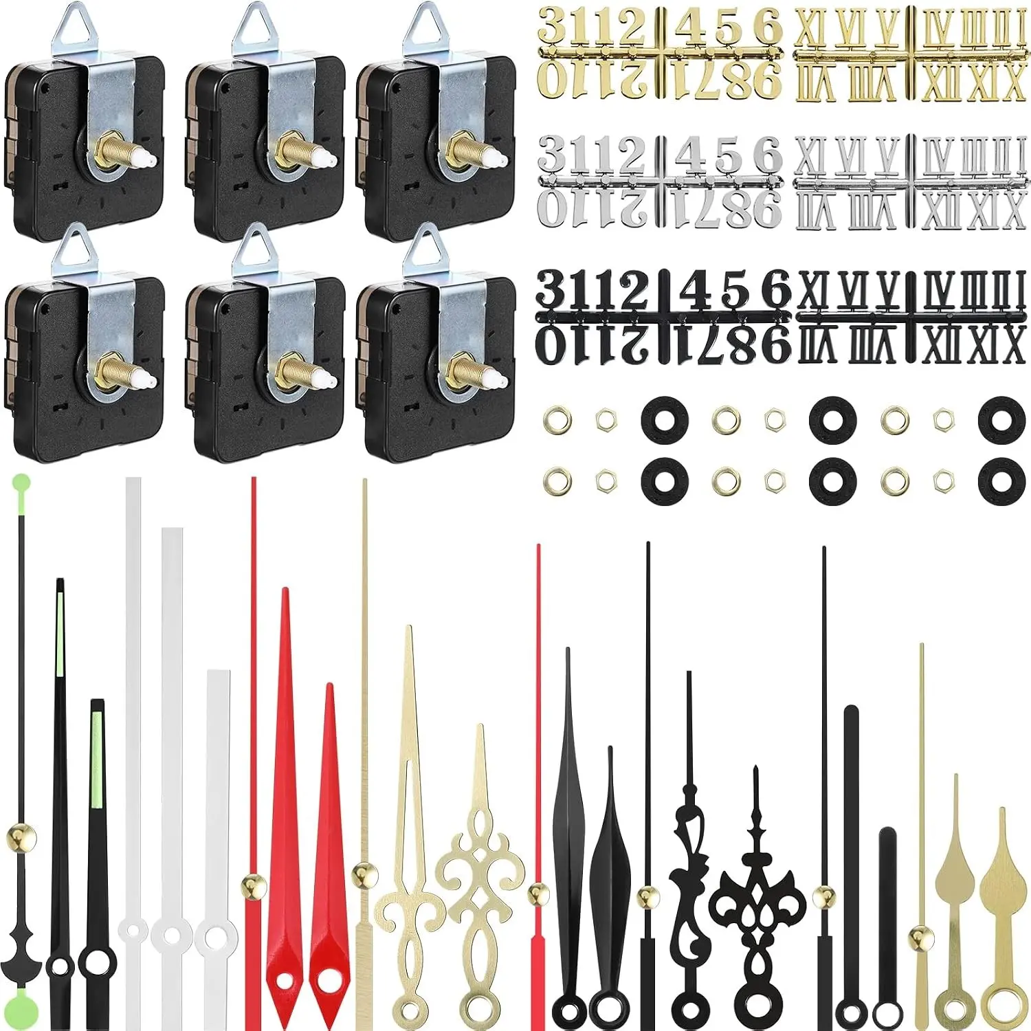6 Pieces Quartz DIY Wall Clock Kit with 6 Clock Numerals, Battery Operated Movement Mechanism, and 8 Pairs of Hands for DIY Clock RepairGift