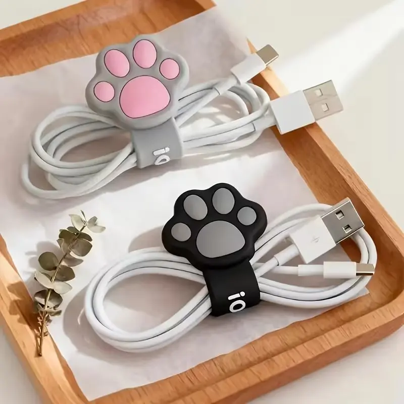 4-Pack Cartoon Cat Paw Spiral Cable Organizer, Durable Silicone Portable Wire Management, Earphone/data/charging Cord Holder, Desktop Storage Accessory