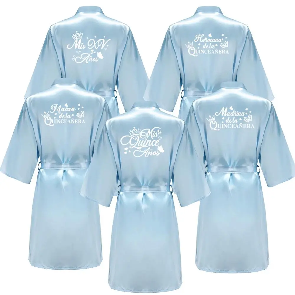 Silky Satin Princess Robe with Mis XV Embroidery, Long Sleeve Nightgown for Girls Sweet 15 Quinceanera Party, Daily Wear