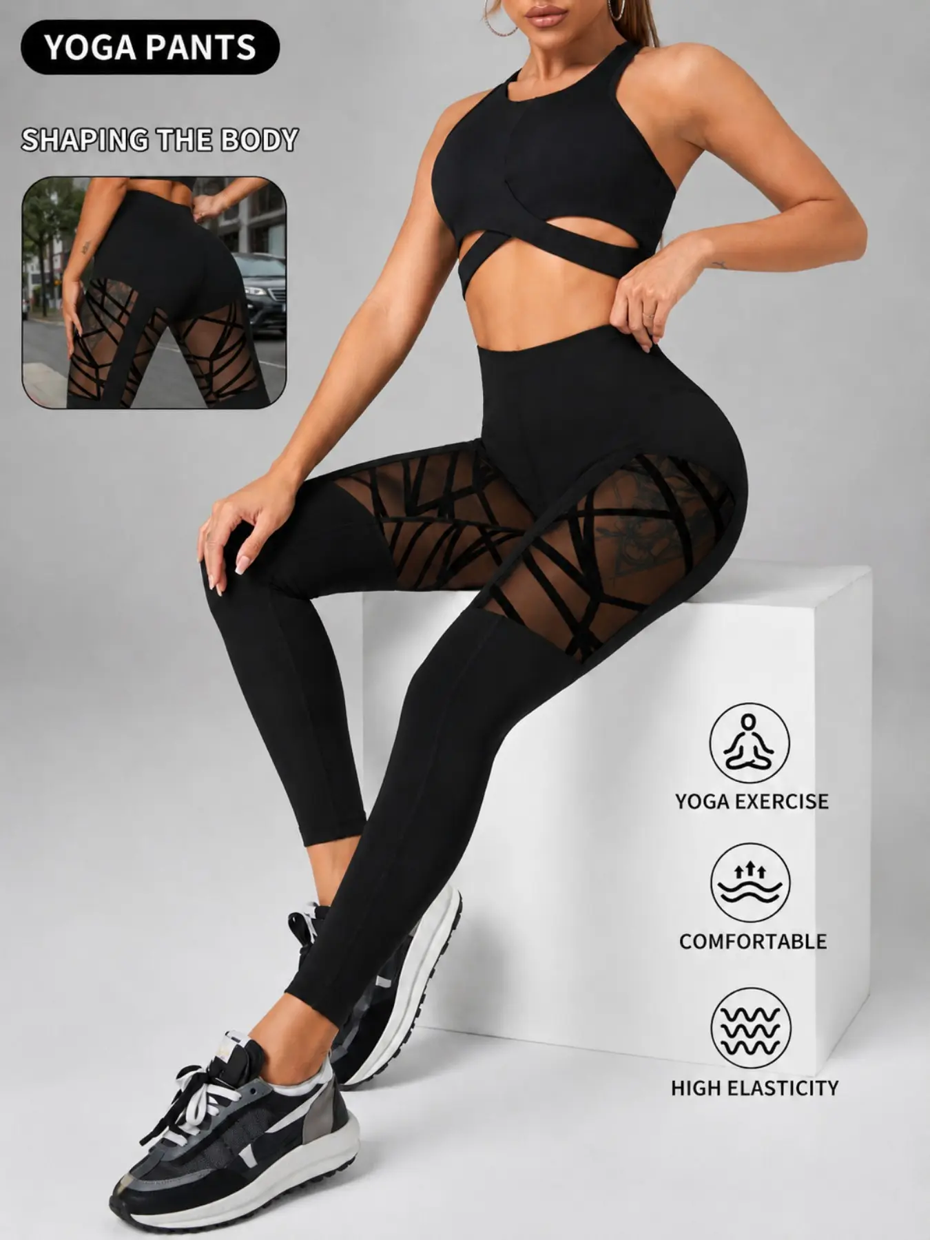 Women's Colorblock Yoga Pants, Sheer Tie-Back Mesh Design, High-Waisted Slim Fit Activewear, Workout Cycling Underwear, Gym Workout Leggings