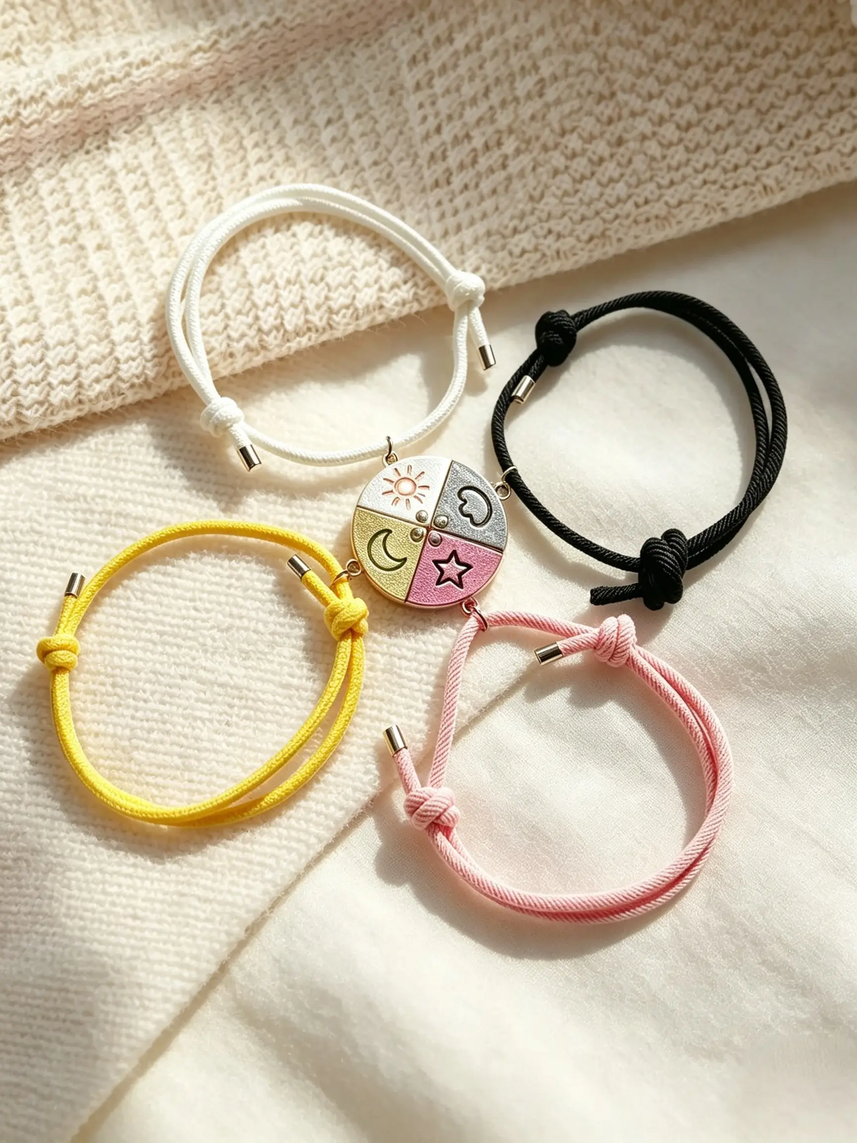 Sun Moon Star Cloud Magnetic Bracelet 4-Piece Set, Adjustable Friendship Family Couple Colorful Puzzle Matching Braided Cord Jewelry Gift for Teens Adults