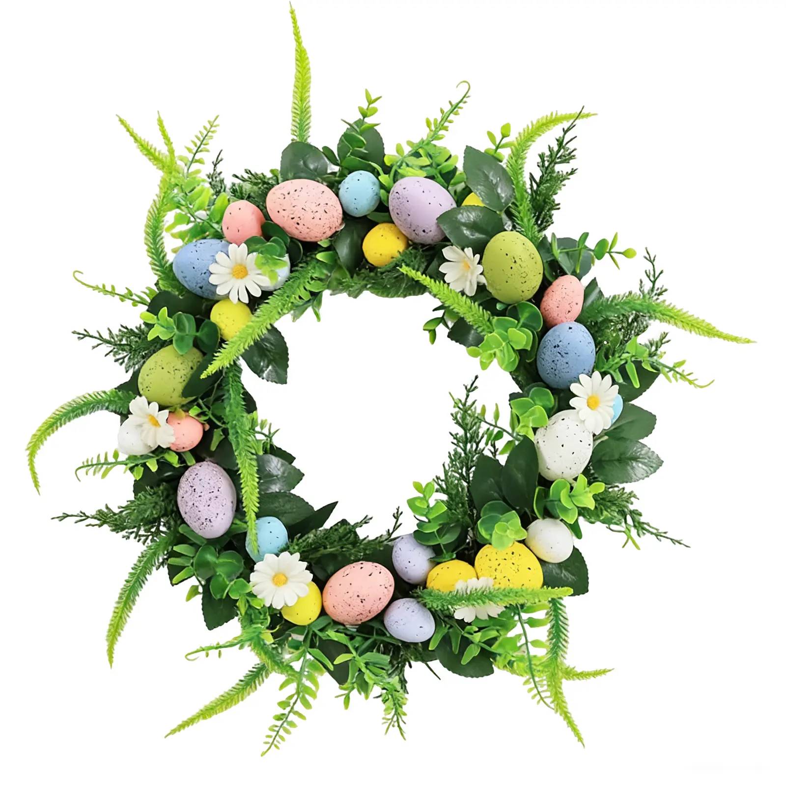 20in Colorful Artificial Easter Egg Wreath - Silk Flowers, Green Leaves, Glitter Egg Ornaments - Farmhouse Front Door Hanging - Indoor/Outdoor Home Decoration