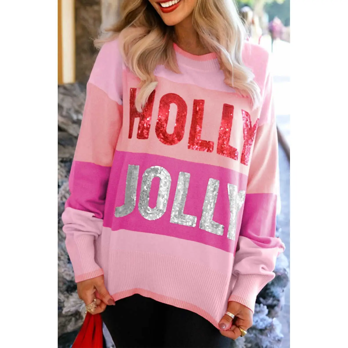 Women's HOLLY JOLLY Sequin Graphic Color Block Long Sleeve Stretchy Knitwear Crew Neck Sweater - Casual Christmas Holiday Fabric Pullover Top, Comfortable, Soft, Style, Statement, Polyester, Sequin Letters