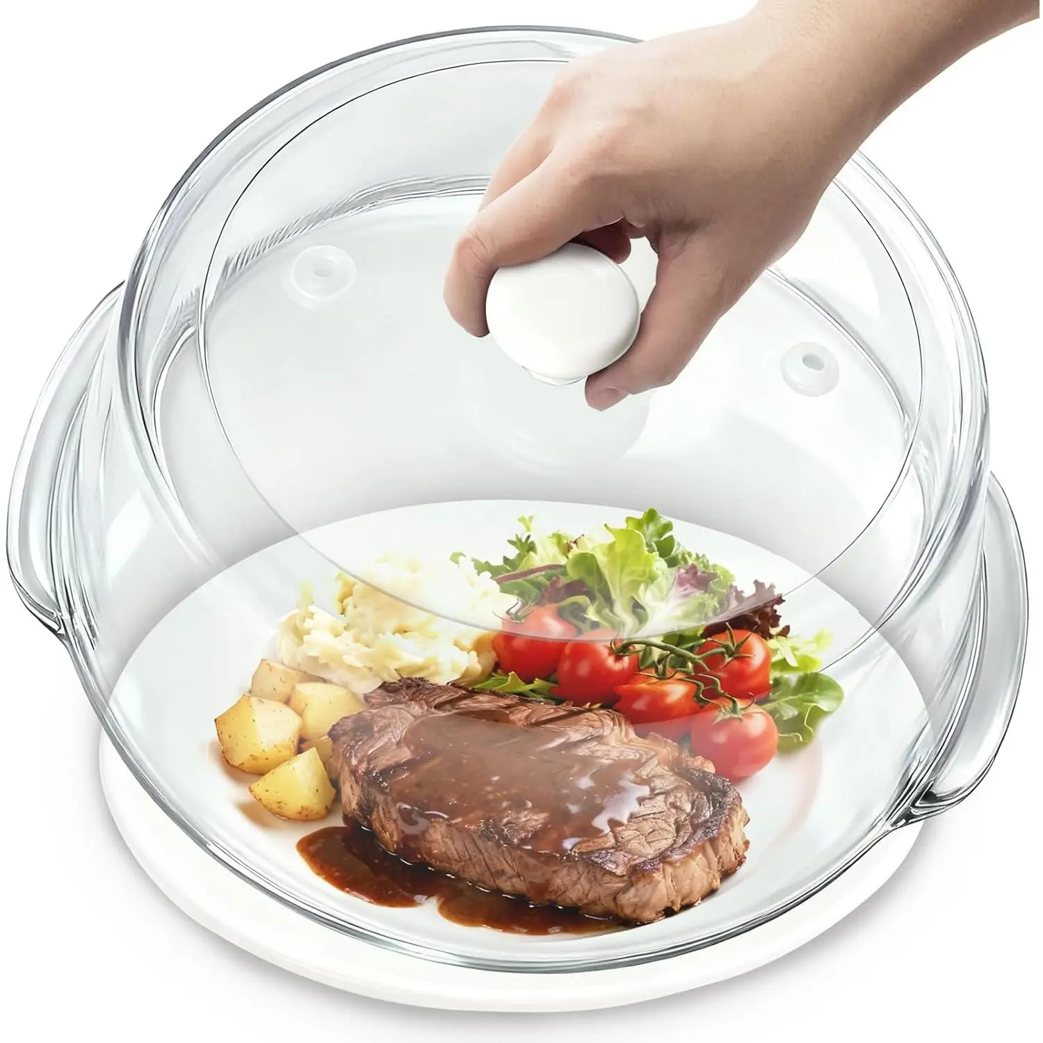 Glass Microwave Cover 10in with Ceramic Knob for  Heating | Tall Glass Microwave Splatter Cover,  Vents,   Safe, Dishwasher Safe, Covers Bakeware and Plates Daily Kitchen