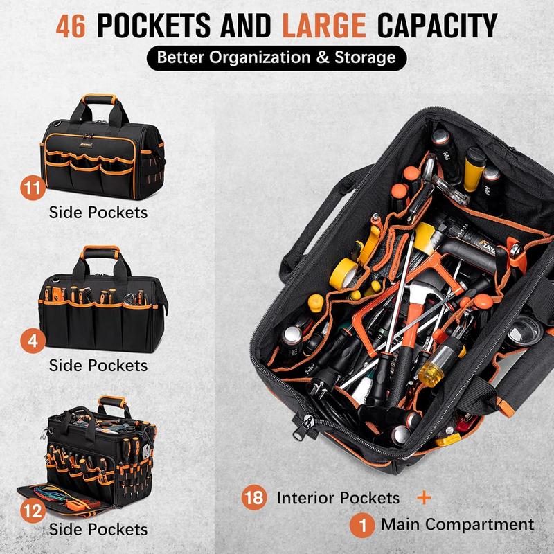 17-Inch Electrician Tool Bags for Men, 46-Pocket Heavy Duty Tool Bag, Foldable Hvac Tool Bag Organizer with Wide Mouth & Adjustable Strap for Electricians Mechanics Craftsman Contractor 17-Inch Electrician Tool Bags for Men, 46-Pocket Heavy Duty Tool Bag, Foldable Hvac Tool Bag Organizer with Wide Mouth & Adjustable Strap for Electricians Mechanics Craftsman Contractor