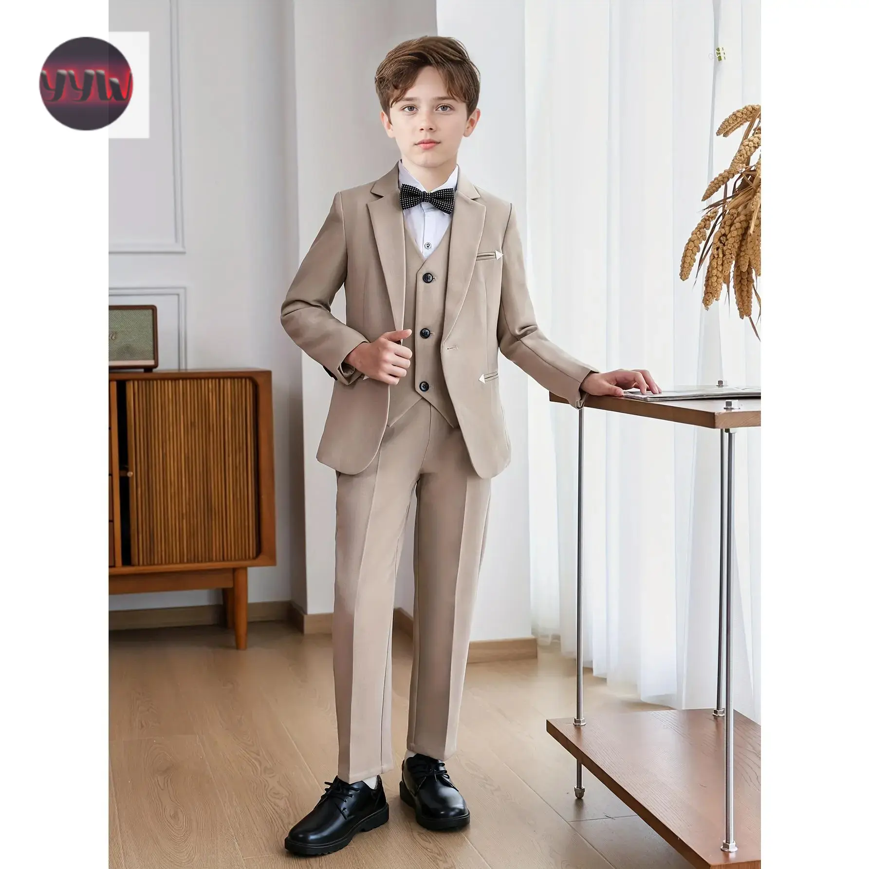 YYW1 4pcs Boys Solid Color Suit Set with Bow Tie, Lapel Collar, Long Sleeve Party Suit with Vest and Pants, Non-Stretch Woven, Polyester and Spandex Blend, Ideal Weddings, Piano Competitions, Hosting, Stylish Korean Fashion clothes Kid Jacket