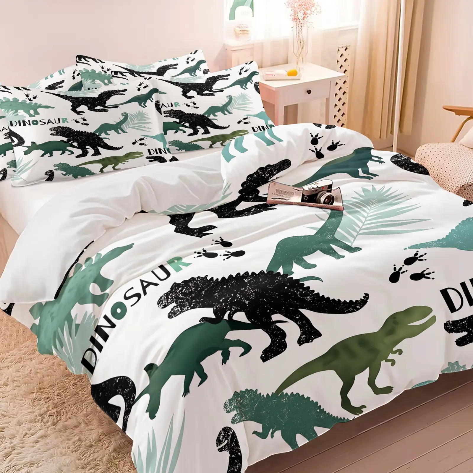 Cute Fun Dinosaur Duvet Cover Bedding Set Cartoon Printed Bedding for Kids' Bedrooms, Includes 1 Duvet Cover and 1-2 Pillowcases, Perfect for Playful Prehistoric Themed Rooms Bed Sets Supplies