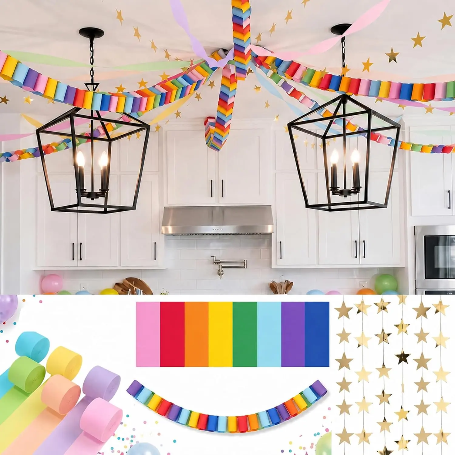 612 Pcs Paper Chain Garland Kit, 600 Sheets Rainbow Paper Chain Strips with 6 Rolls Pastel Crepe Paper Streamers and 4 Mirror Star Garlands for Birthday Wedding Party Decorations