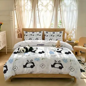 3-piece duvet cover set (1 duvet cover+2 pillowcases, no core) cartoon multi posture panda light blue flower cloud bamboo polka dot print suitable for bedding duvet covers such as homestays, hotels, bedrooms, etc