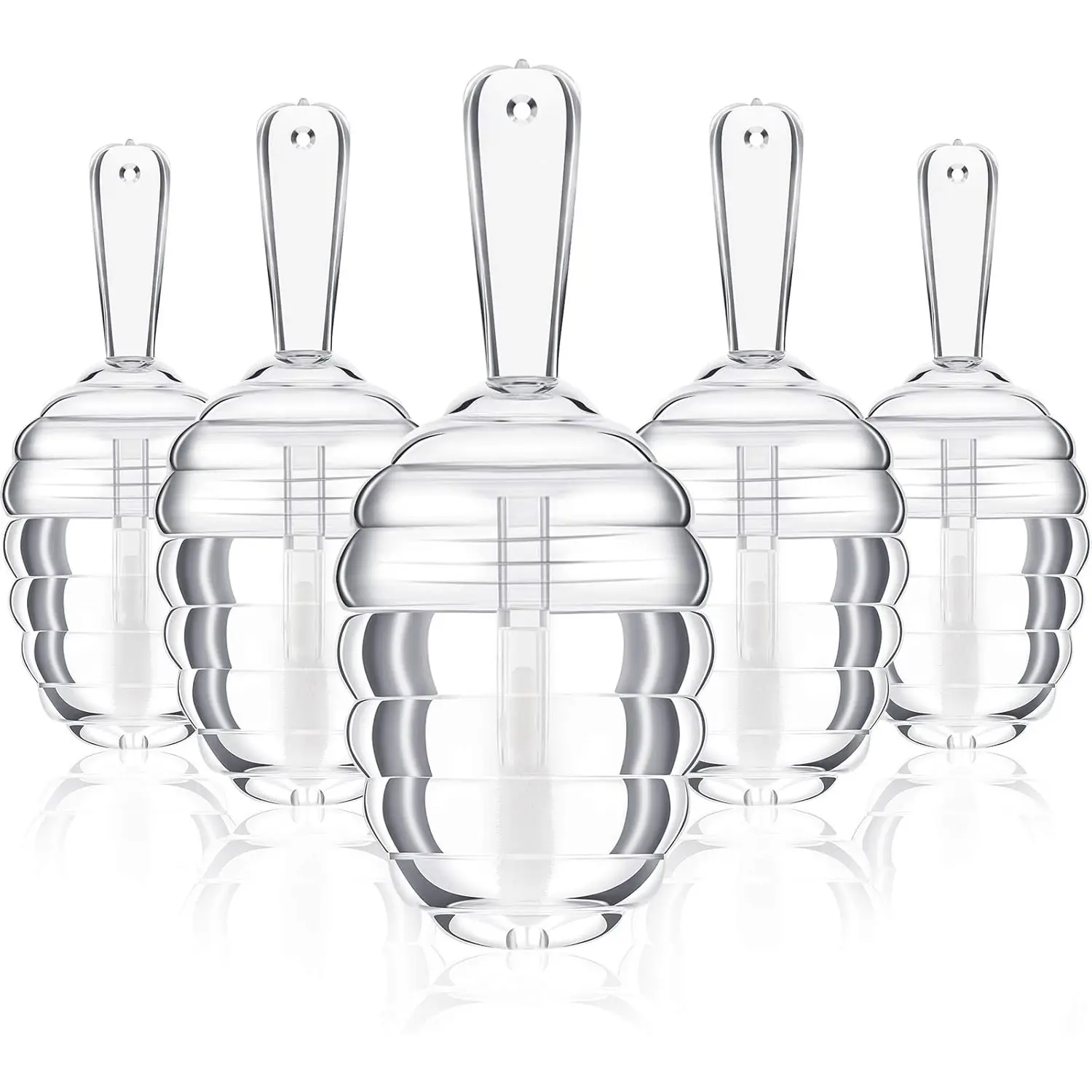 Mini transparent honey pot lip gloss bottles available in 5 & 30pcs, comes with filling funnel. Refillable plastic containers for DIY cosmetics and portable lip balm sample making.