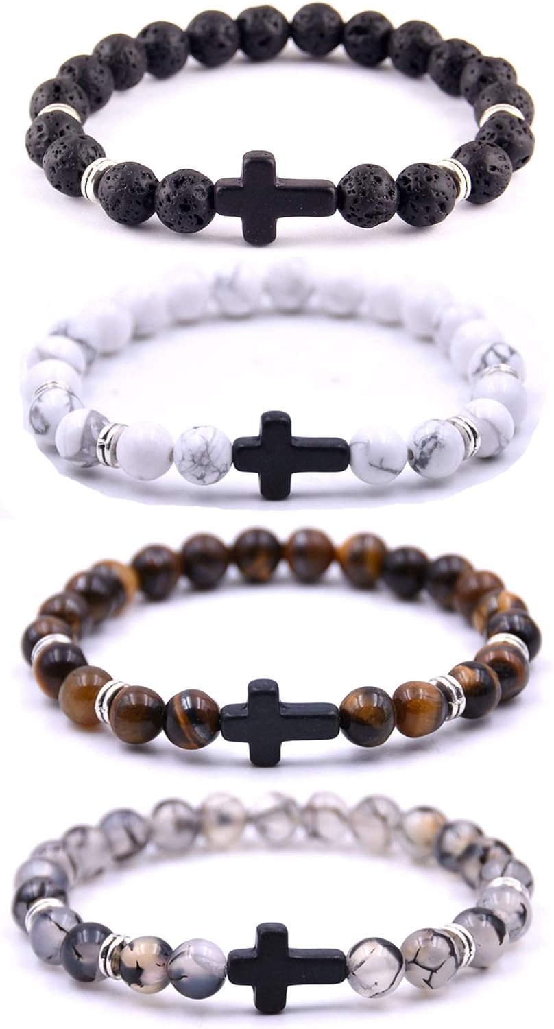 Elegant Cross Beads Bracelet Set 4/6/9 pcs for Men Women Adjustable 8mm Natural Lava Stone Beads Anti-Allergy Stainless Steel Cross Cuff Charm Bracelets Unisex Beauty & Personal Care All Skin Types