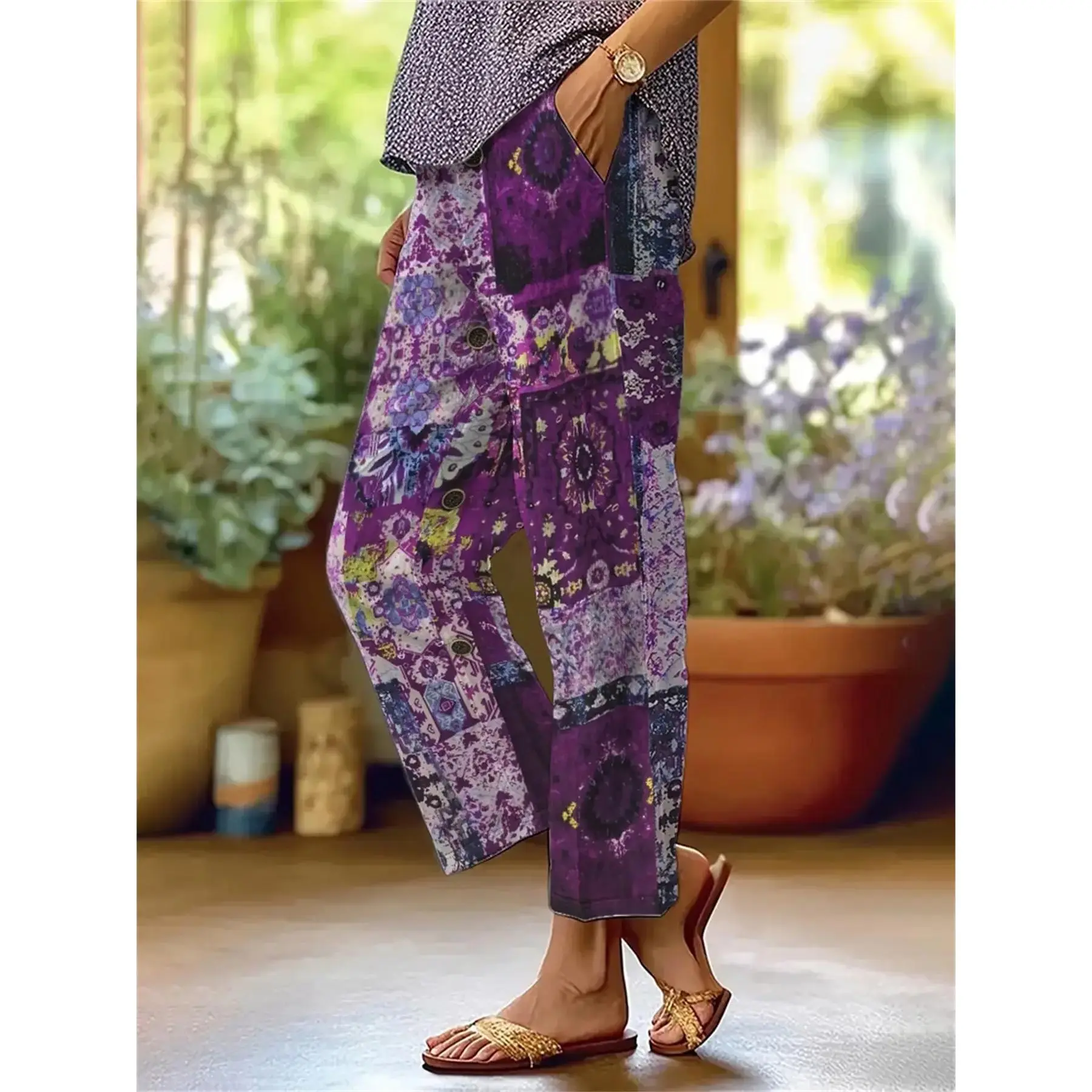Women'S Casual Straight Pants, Casual Women'S Trousers, Bohemian Retro Style Purple Patchwork Tie-Dye Print Drawstring Design Casual Pants with Pockets, Suitable Daily Wear