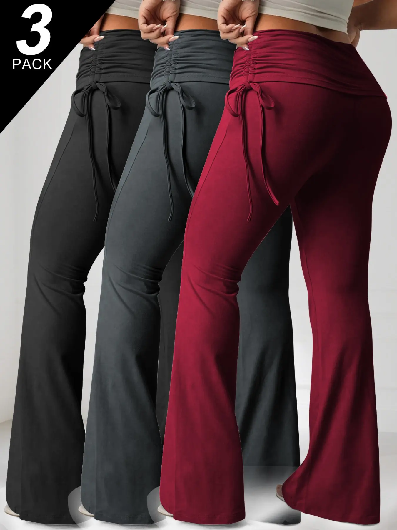 3-Pcs Plus Size Women's High-Waisted Flared Trousers, Stretchy Slim Fit, Plain Color, Yoga Fitness Daily Wear