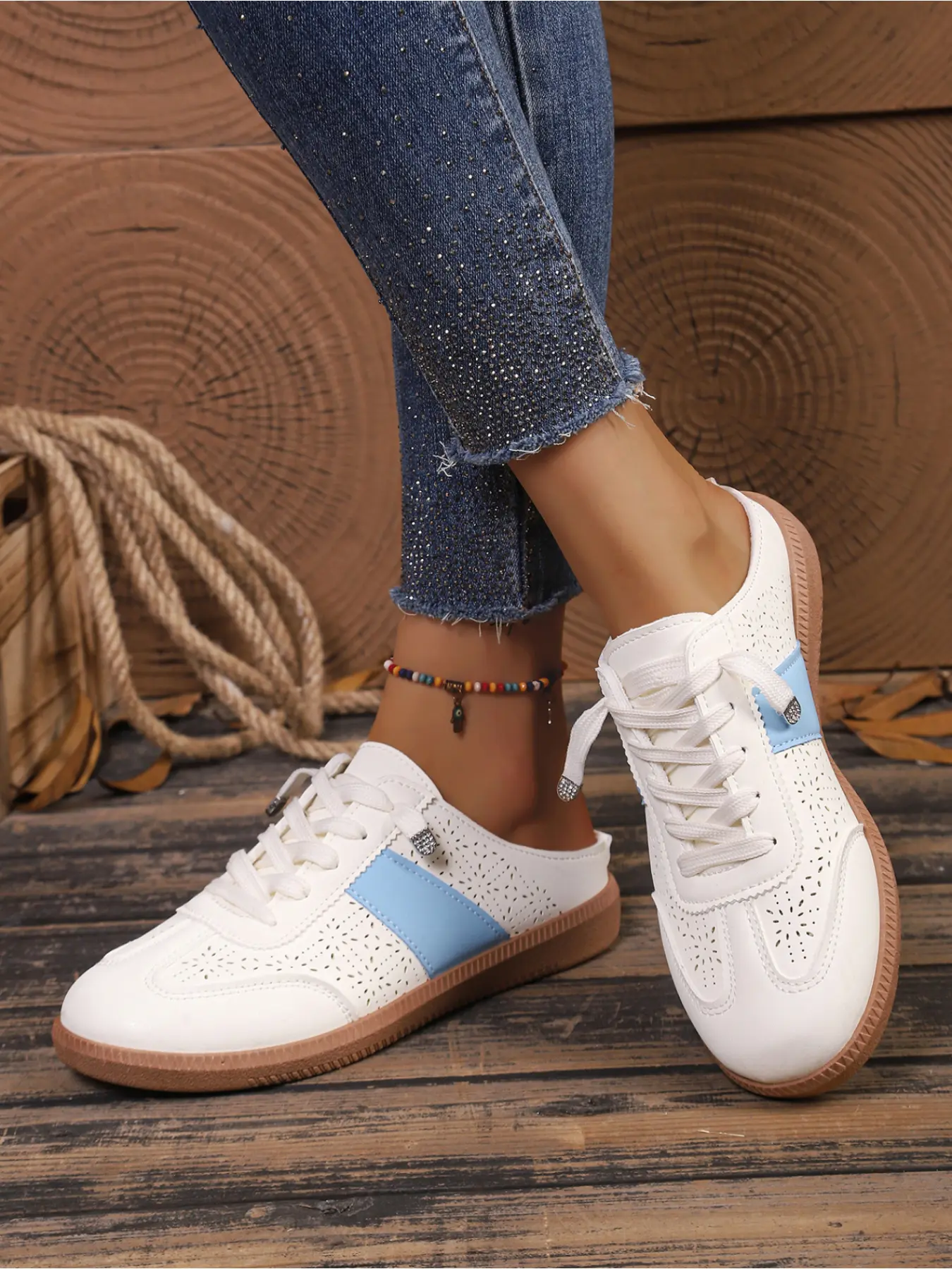 Women's Perforated Colorblock Slip-On Sneakers, No Laces, Backless Lazy Shoes, Retro Rubber Sole, Summer Casual Sandals, Large Sizes Available