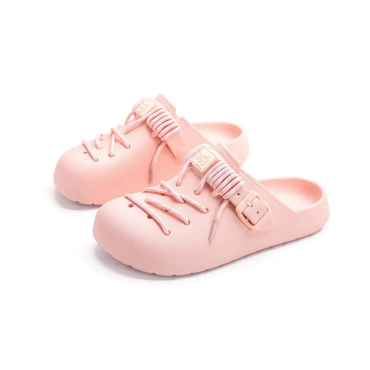 JIFFFLY Women’s Pink Closed-Toe Backless Clogs, EVA Upper and Sole with Lace-Up and Buckle Details for Indoor and Everyday Casual Wear