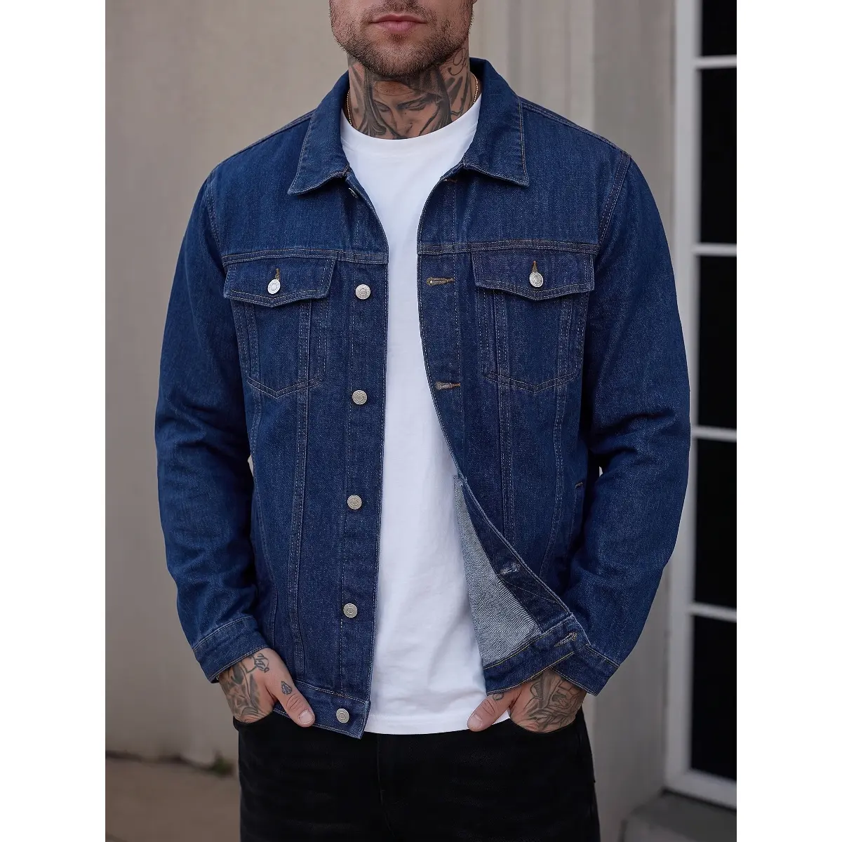 Men's Classic Dark Wash Denim Jacket, Traditional Trucker Style Button Front Coat with Pockets for Casual Wear and Easy Layering, Menswear