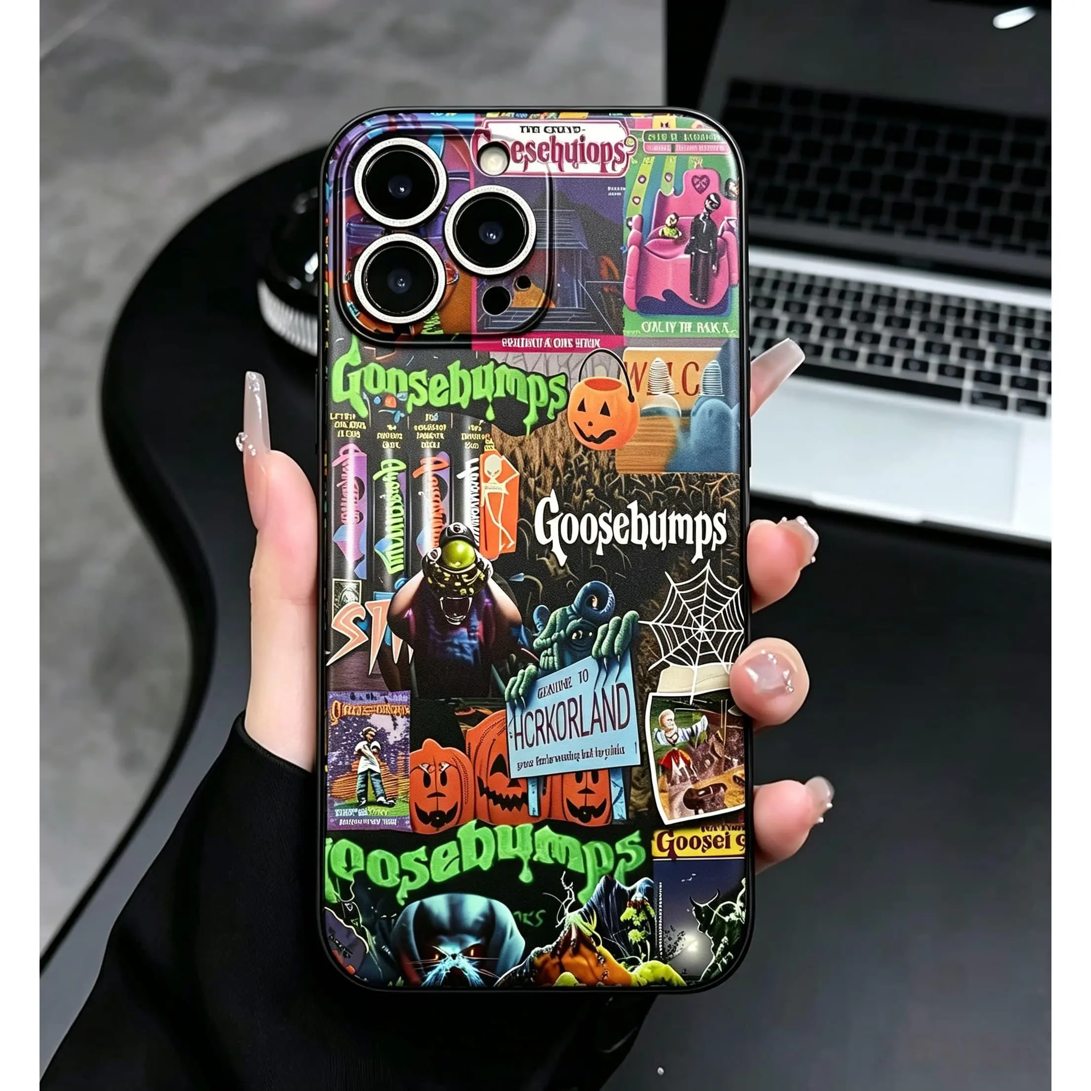 Retro *Goosebumps* horror collage phone case; Gothic-style protective case featuring 90s nostalgic thriller book cover art; Halloween pumpkin and spiderweb Y2K aesthetic case; compatible with iPhone 12, 13, 14, 15, and 16 Pro Max.