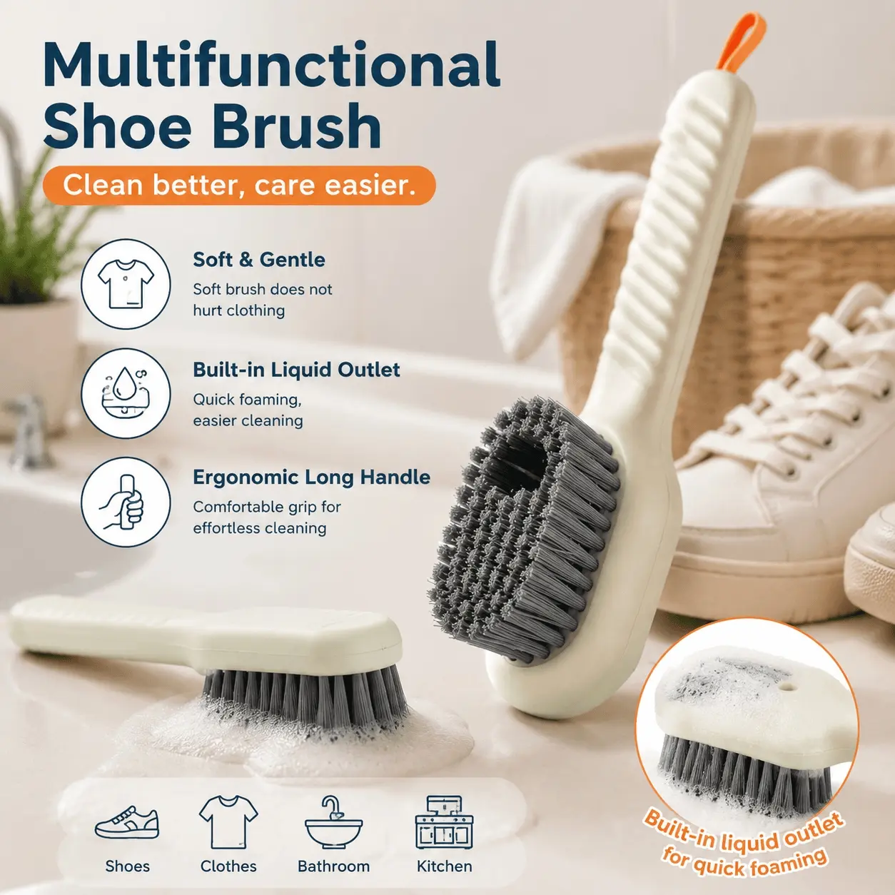 4-in-1 Cleaning Brush Set: Bathroom & Kitchen Scrubber, Shoe Groove Cleaner, Laundry Brush for Efficient Stain Removal, Surface-Safe & No-Scratch Tools