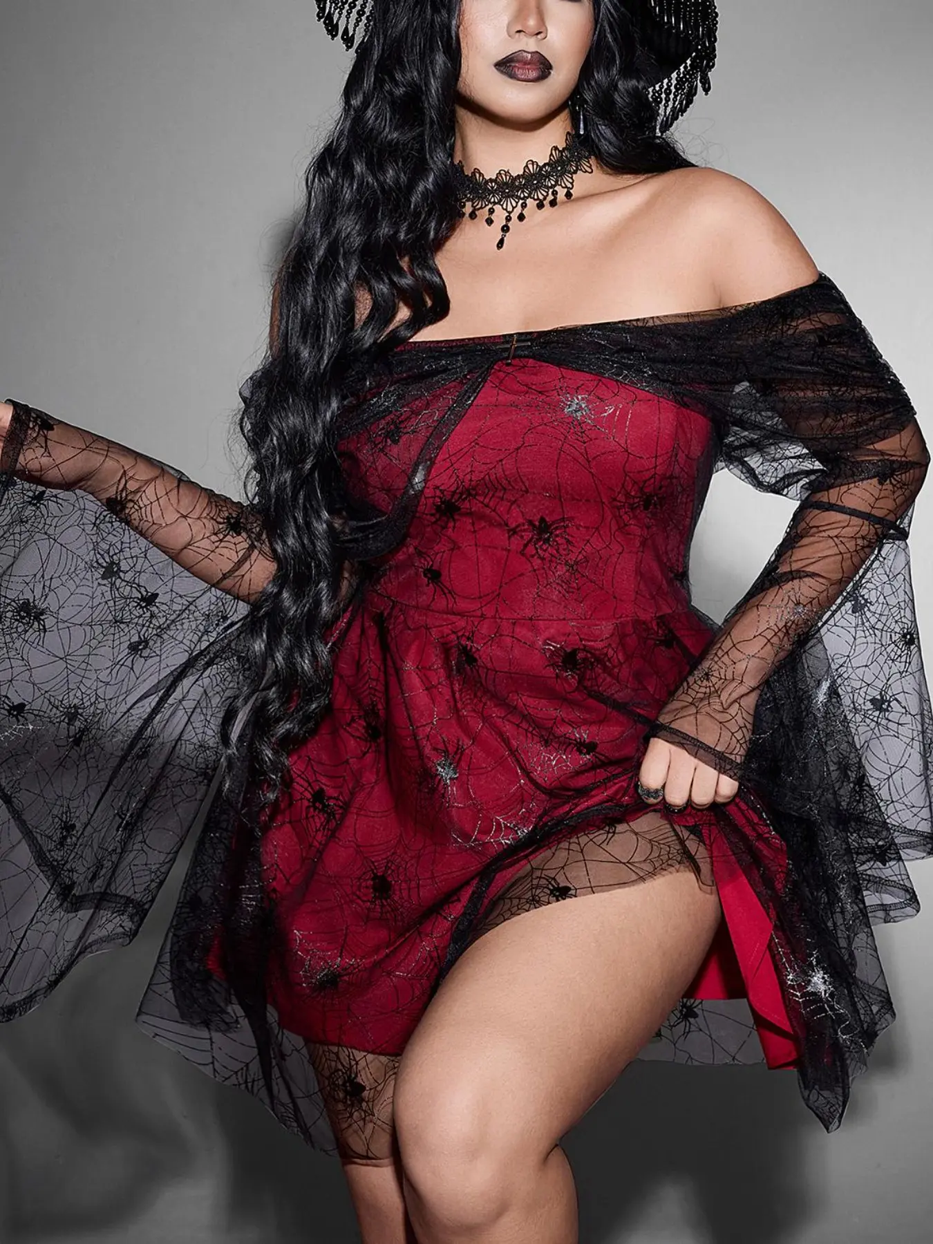Plus Size Halloween Spider Web Dress, One-Shoulder Bardot Sleeveless Party Cosplay Dress, Dark Style