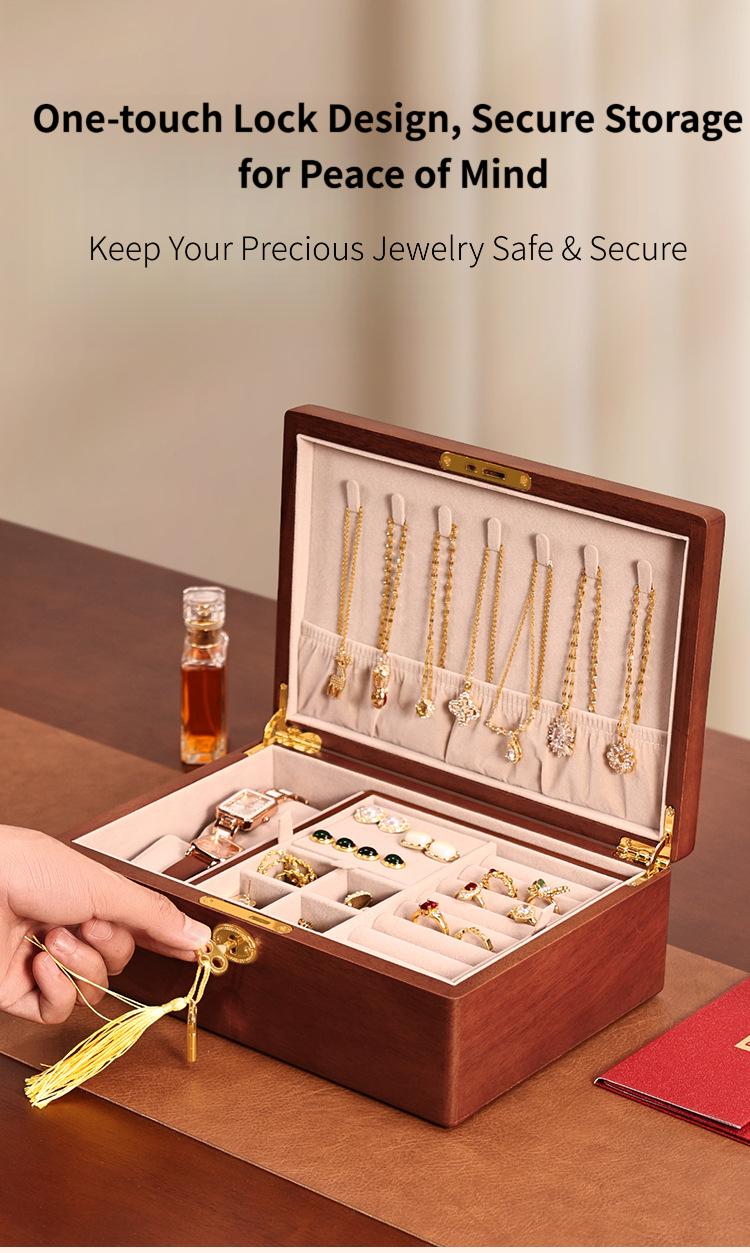 Solid wood embedded double-layer home jewelry box, desktop earring and ring storage box, flip-top lockable accessory storage box