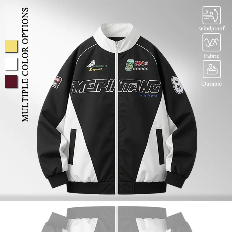 Lightweight Color Block Stand Collar Racing Windbreaker for Men, Wind Resistant Smooth Shell Fabric Big Letter Star Print, Relaxed Fit Rib Trim Casual Outer Layer for Motorbike Skate Travel