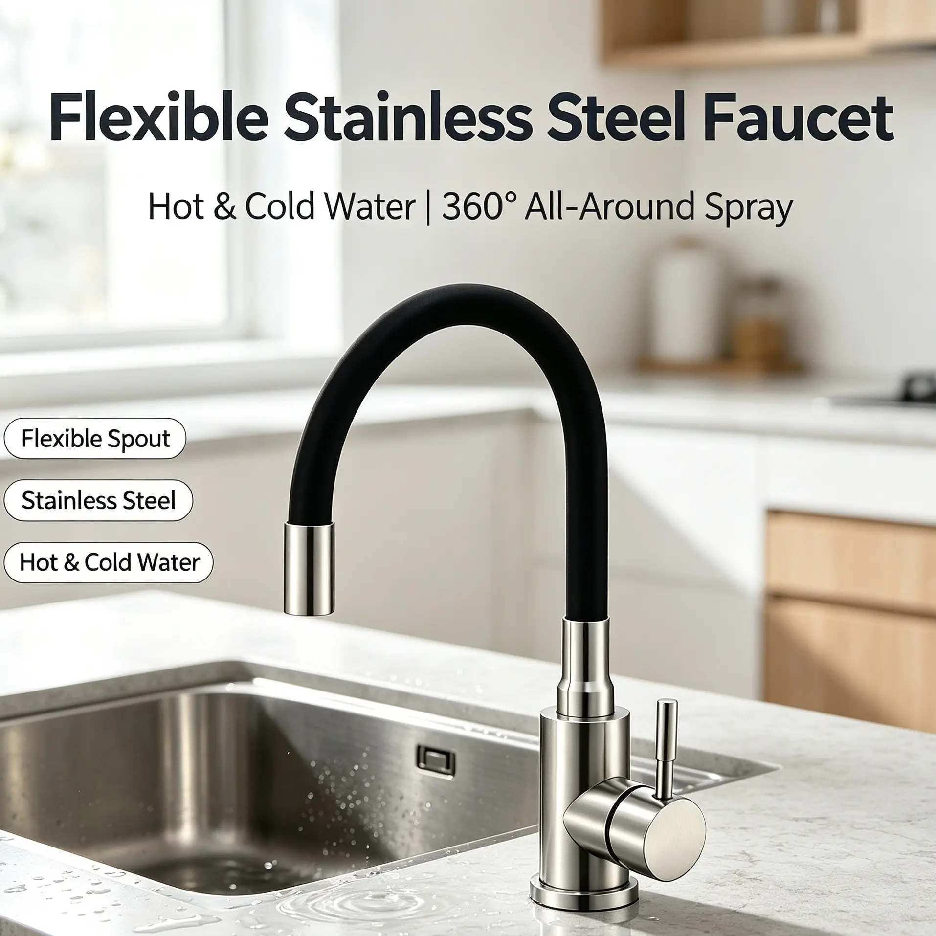1pc Bendable Spout Kitchen Faucet, Stainless Steel Single Handle Hot & Cold Water Tap, 360 Degree All-Round Rotation Sink Mixer For Home Kitchen, RV, Garden
