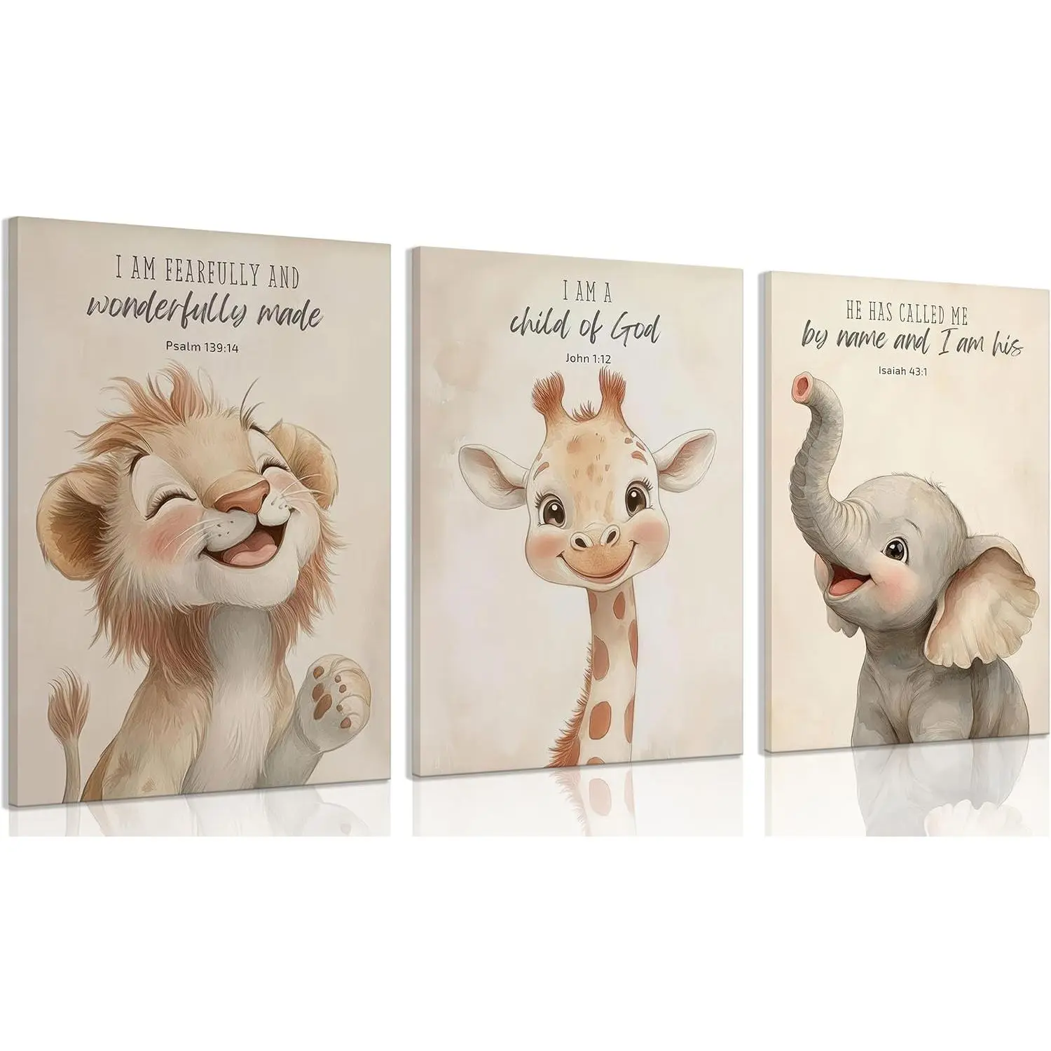 3Pcs Vintage Christian Nursery Canvas Wall Art - Bible Verses, Safari Animals (Lion, Giraffe, Elephant), Child of God Themed Poster Prints for Kids’ Room Home Decor